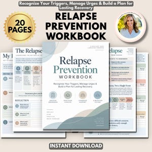 Puede incluir: Un cuaderno de ejercicios de prevención de recaídas de 20 páginas con una portada de tonos suaves, el título, subtítulo y cuatro iconos circulares que representan conciencia, elecciones, apoyo y un futuro mejor, incluyendo páginas de reflexión.