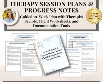 May include: A digital download for a 10-week solution focused therapy session plan for ADHD group sessions. The download includes therapist scripts, client worksheets, and documentation tools. The cover image features a spiral bound notebook with a heart and the text "10 Week Solution Focused Therapy Session Plans & Progress Notes Therapist Toolkit".