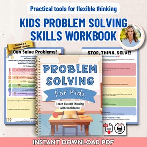 May include: A spiral-bound workbook titled Problem Solving For Kids with a classroom illustration on the cover. The set includes additional worksheets titled Can Solve Problems and Stop, Think, Solve, featuring text, numbered lists, and colorful sections.