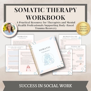 May include: A workbook titled "Somatic Therapy Workbook" with a spiral binding, featuring the text "A Practical Resource for Therapists and Mental Health Professionals Supporting Body-Based Trauma Recovery." The cover has a light blue design and the words "Somatic Therapy".
