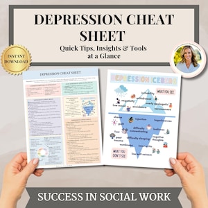 Op de afbeelding: Twee vellen getiteld "DEPRESSION CHEAT SHEET" en "DEPRESSION ICEBERG" worden door handen vastgehouden. Het eerste vel bevat veelvoorkomende symptomen en copingvaardigheden. Het tweede vel is een ijsbergdiagram dat zichtbare en onzichtbare aspecten van depressie illustreert.