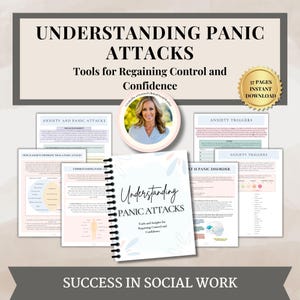 May include: A digital download guide titled "Understanding Panic Attacks" with tools for regaining control and confidence. The guide features a woman with blonde hair and a pink background. The guide is 37 pages and includes information on anxiety and panic attacks, anxiety triggers, and what is panic disorder.