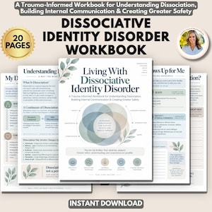 Pode incluir: Um caderno de exercícios de 20 páginas intitulado Living With Dissociative Identity Disorder. A capa apresenta um diagrama de Venn central com círculos sobrepostos, ilustrações botânicas e texto detalhando seções sobre segurança, consciência e comunicação interna.
