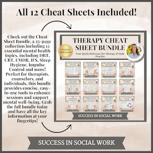 May include: A digital download bundle of 12 therapy cheat sheets, including topics like DBT, CBT, EMDR, IFS, Sleep Hygiene, Impulse Control, and more. The bundle is designed for therapists, counselors, and individuals. The text "Therapy Cheat Sheet Bundle" is displayed in a pink and white banner. The text "Your Quick Reference for Therapy & Daily Practice" is displayed in a white banner.