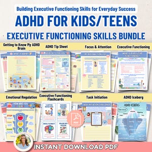 May include: A digital bundle of educational worksheets and flashcards titled ADHD for Kids/Teens, featuring topics like executive functioning, emotional regulation, and task initiation. The pages include colorful illustrations, text, and charts.