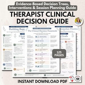 May include: A digital therapist clinical decision guide featuring evidence-based decision trees, interventions, and session planning. The document includes 125 pages of structured frameworks, building rapport sections, and goal setting tools in PDF format.