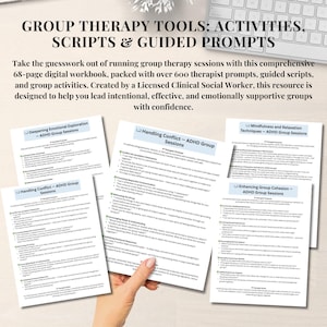 May include: A set of four printable worksheets for group therapy sessions focused on ADHD. Each worksheet features a different topic: Deepening Emotional Exploration, Handling Conflict, Mindfulness and Relaxation Techniques, and Enhancing Group Cohesion. The worksheets are designed for use with ADHD groups.