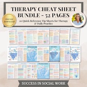 Op de afbeelding: Een bundel van 52 pagina's tellende therapie-spiekbriefjes. De titel luidt "THERAPY CHEAT SHEET BUNDLE - 52 PAGES". De vellen bevatten snelle referentietips voor therapie en dagelijkse praktijk. De afbeelding bevat ook de tekst "INSTANT DOWNLOAD" en "SUCCESS IN SOCIAL WORK".