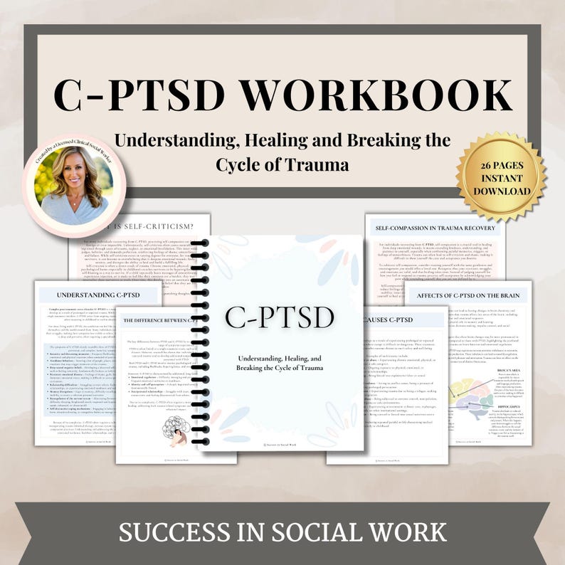 May include: A workbook titled "C-PTSD Workbook: Understanding, Healing and Breaking the Cycle of Trauma" with a pink and blue floral design. The workbook is 26 pages and is available for instant download.