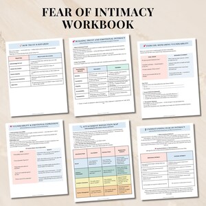 May include: A workbook titled "FEAR OF INTIMACY WORKBOOK" with several pages of text and diagrams. The pages cover topics like repairing trust, building emotional intimacy, reframing vulnerability, and understanding fear of intimacy. The workbook is designed for self-help and relationship guidance.