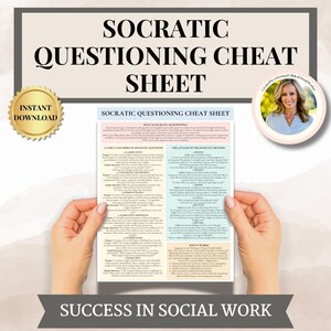 Könnte beinhalten: Ein Spickzettel zum sokratischen Fragen wird von Händen gehalten. Das Blatt enthält Text über sokratisches Fragen, Kategorien von Fragen und Phasen der Methode. Die Worte "Socratic Questioning Cheat Sheet" stehen oben. Die Worte "Instant Download" stehen auf einem goldenen Aufkleber.