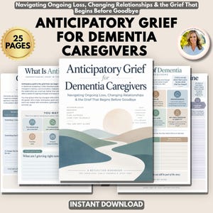 Può includere: Un quaderno di riflessione di 25 pagine intitolato Anticipatory Grief for Dementia Caregivers. La copertina presenta un'illustrazione paesaggistica con un sole sopra colline e un sentiero. Le pagine includono testo, elenchi e icone.