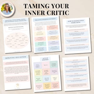 Puede incluir: Una hoja de trabajo imprimible con consejos para domar a tu cr&iacute;tico interno. La hoja de trabajo incluye secciones sobre c&oacute;mo calmar a tu cr&iacute;tico interno, reconocer tus fortalezas, patrones de pensamiento negativo, c&oacute;mo silenciar a tu cr&iacute;tico interno, mejorar la autoestima y actos de bondad. La hoja de trabajo est&aacute; dise&ntilde;ada en un esquema de color pastel con una paleta de colores rosa claro, azul claro y verde claro.