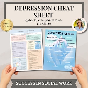 May include: A digital download titled "DEPRESSION CHEAT SHEET" with quick tips, insights, and tools. The image includes two informational sheets: one detailing symptoms and coping skills, and another depicting a depression iceberg with visible and hidden aspects.