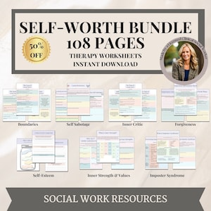 Self worth therapy worksheet bundle, self esteem, confidence, inner critic, self sabotage, self identity, mental health, CBT, teen girls