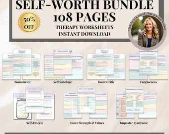 Self worth therapy worksheet bundle, self esteem, confidence, inner critic, self sabotage, self identity, mental health, CBT, teen girls