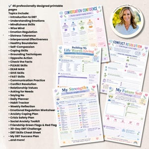 Peut inclure: Un ensemble de 46 fiches imprimables DBT avec des en-t&ecirc;tes color&eacute;s et des mises en page structur&eacute;es pour des exercices de sant&eacute; mentale. Les titres incluent Conversation Confidence, Building My Life Worth Living, Conflict Resolution, My Strengths et My Future Self.