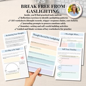 May include: A selection of worksheets titled "BREAK FREE FROM GASLIGHTING", offering practical tools. These include reflection exercises, CBT worksheets, journaling prompts, and activities for self-worth. The image also includes the text "Reclaiming Your Thoughts", "Thought Record for Gaslighting", "I Was Right When...", "It's Okay to be Angry", and "Self-Trust Timeline".