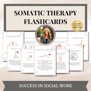 May include: A set of 24 pink and blue flashcards with illustrations and text. The flashcards are titled "Somatic Therapy Flashcards" and feature phrases like "Guided Imagery", "Progressive Muscle Relaxation", "Dance It Out", "Rock on Forearms", "Singing", "Vagal Nerve Massage", "Alternate Nostril Breathing", and "Supine Twist".