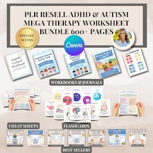 May include: A digital bundle of over 600 pages of ADHD and autism therapy worksheets, workbooks, journals, cheat sheets, and flashcards. The collection includes titles like Impulse Control Workbook, Understanding Social Cues, and Sensory Overload Toolkit.