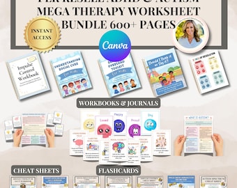 PLR Autismus und ADHD Mega Worksheet Bundle mit canva links PLR weiterverkaufen digitale Produkte Soziale Fähigkeiten Emotionen Sensorische Neurodivergenz