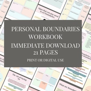 Peut inclure: Un classeur num&eacute;rique intitul&eacute; "Personal Boundaries Workbook" avec un sch&eacute;ma de couleurs rose, bleu et vert. Le classeur comprend 21 pages et est disponible en t&eacute;l&eacute;chargement imm&eacute;diat. Le texte "Print or Digital Use" est &eacute;galement inclus.