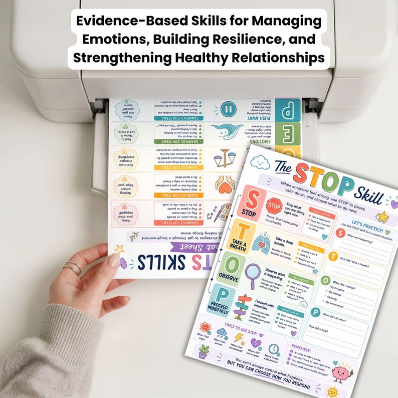 Peut inclure: Deux feuilles &eacute;ducatives imprim&eacute;es intitul&eacute;es Evidence-Based Skills for Managing Emotions, Building Resilience, and Strengthening Healthy Relationships. Une feuille d&eacute;taille The STOP Skill avec des ic&ocirc;nes color&eacute;es, l'autre liste diverses strat&eacute;gies.