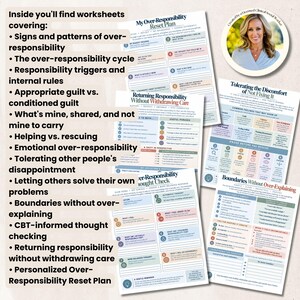 May include: A collection of printed mental health worksheets titled My Over-Responsibility Reset Plan, Returning Responsibility Without Withdrawing Care, Over-Responsibility Thought Check, and Boundaries Without Over-Explaining, featuring a circular portrait.