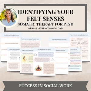 Può includere: Una guida PDF stampabile per identificare le sensazioni percepite, una tecnica di terapia somatica per il PTSD. La guida comprende 9 pagine con istruzioni, riflessioni ed esercizi. La copertina presenta una donna con un sorriso caldo e il titolo "Identificare le tue sensazioni percepite".
