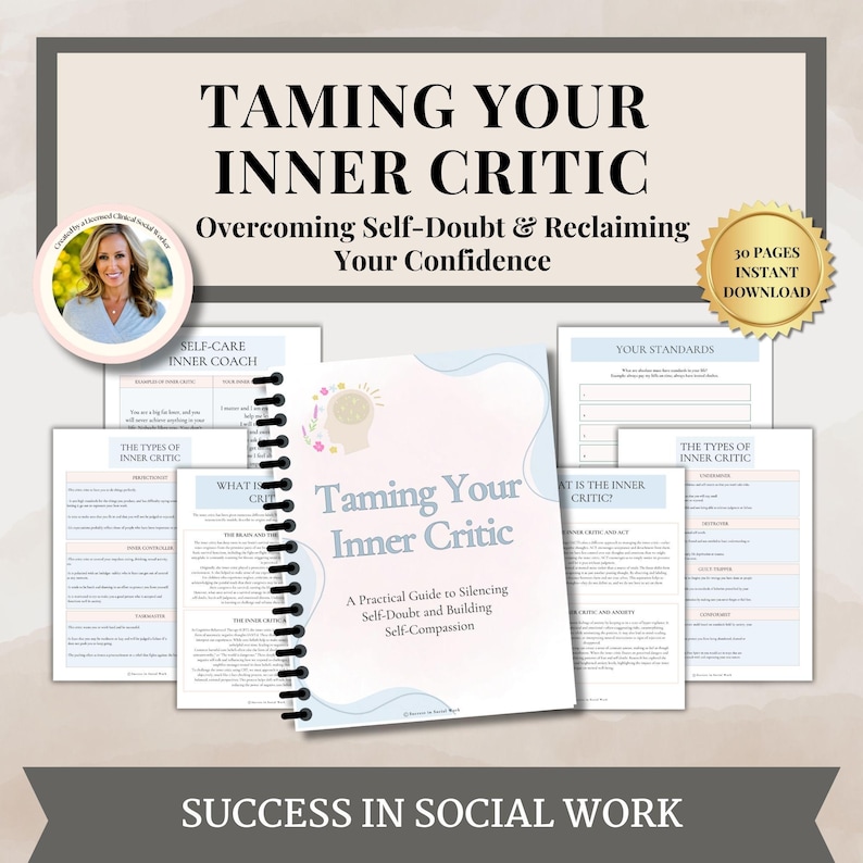 Puede incluir: Una descarga digital de una gu&iacute;a de 30 p&aacute;ginas titulada "Taming Your Inner Critic: A Practical Guide to Silencing Self-Doubt and Building Self-Compassion". La gu&iacute;a presenta un esquema de color azul claro y rosa con una ilustraci&oacute;n de un cerebro. La portada tambi&eacute;n incluye el texto "Overcoming Self-Doubt & Reclaiming Your Confidence".