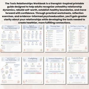 May include: A collection of eight printable workbook pages titled The Toxic Relationships Workbook, featuring sections on warning signs, gaslighting, and emotional manipulation with light blue, pink, and green floral accents on white paper.