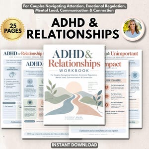 Puede incluir: Un libro de ejercicios de 25 páginas sobre TDAH y relaciones para parejas. La portada presenta una ilustración de un paisaje con sol, colinas y un camino, titulada ADHD & Relationships Workbook, que aborda la atención y la comunicación.
