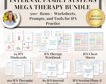 May include: A digital download bundle for Internal Family Systems (IFS) therapy, featuring 500+ items including worksheets, prompts, and tools. The image displays flashcards, workbooks, cheat sheets, therapist questions, journal prompts, and session plans. The text reads "Success in Social Work."