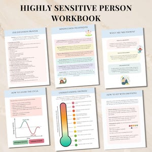 Op de afbeelding: Een werkboek getiteld "Highly Sensitive Person Workbook" met zes pagina's tekst en afbeeldingen. De pagina's behandelen onderwerpen als mindfulness technieken en stressmanagement. Een thermometergrafiek is inbegrepen.