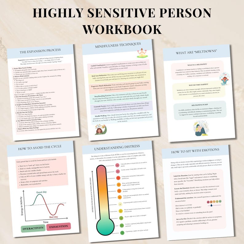 Op de afbeelding: Een werkboek getiteld "Highly Sensitive Person Workbook" met zes pagina's tekst en afbeeldingen. De pagina's behandelen onderwerpen als mindfulness technieken en stressmanagement. Een thermometergrafiek is inbegrepen.