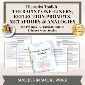 Puede incluir: Un cuaderno de trabajo titulado "Therapist One Liners Workbook" con un diseño floral de cerebro, rodeado de páginas impresas y el texto "Therapist Toolkit" y "Success in Social Work". La imagen también incluye una foto de una mujer.
