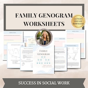 May include: A set of printable worksheets for creating family genograms. The worksheets include a guide to creating a genogram, a genogram example, and reflection pages. The worksheets are made by a licensed clinical social worker. The title of the worksheets is "Family Genogram Worksheets".