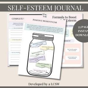 May include: A printable self-esteem journal with a black and white illustration of a jar filled with positive affirmations. The journal includes a section for completing a self-esteem checklist and a section for boosting self-esteem. The text "35 Pages Instant Download" is in the top right corner of the image.