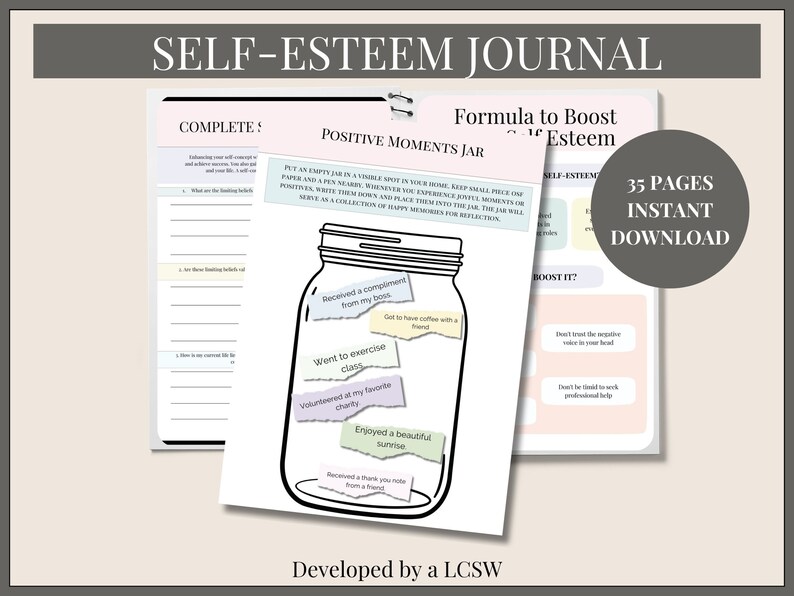 May include: A printable self-esteem journal with a black and white illustration of a jar filled with positive affirmations. The journal includes a section for completing a self-esteem checklist and a section for boosting self-esteem. The text "35 Pages Instant Download" is in the top right corner of the image.
