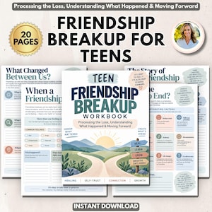Könnte beinhalten: Ein 20-seitiges digitales Arbeitsbuch mit dem Titel Teen Friendship Breakup Workbook, das ein Titelbild mit einem Weg zu einem Sonnenaufgang und einem Wegweiser mit den Wörtern Heal, Learn, Grow und Brighter Days Ahead sowie mehrere Innenseiten zeigt.