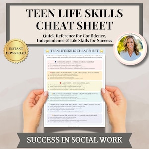 May include: A printable cheat sheet with a pink, orange, and blue color scheme. The cheat sheet is titled "Teen Life Skills Cheat Sheet" and provides a quick reference for confidence, independence, and life skills for success. The cheat sheet is divided into sections with headings such as "Communication", "Executive Functioning", "Basic Needs", "Practical Life Skills", "Personal Growth & Well-Being", and "Independence & Advocacy".