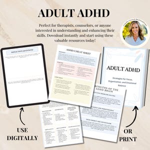 May include: A collection of resources for adult ADHD, including a digital tablet with reflection questions, a cheat sheet, and a book titled "Adult ADHD: Strategies for Focus, Organization, and Emotional Balance." The resources are designed to be used digitally or printed.