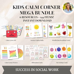 May include: A digital download bundle for kids featuring six resources to help with calming down and coping with anxiety. The bundle includes a calm corner kit, anxiety coping skills, mindful bug breathing cards, calm corner posters, affirmation cards, and my feelings cards. The bundle includes 144 items.
