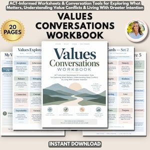 Può includere: Un quaderno di esercizi di 20 pagine sulle conversazioni sui valori, con strumenti basati sull'ACT. La copertina mostra un'illustrazione di colline e un sole, con il testo Values Conversations Workbook e A More Meaningful Life Is A Choice.