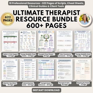 May include: A digital therapist resource bundle featuring 622 pages of clinical guides, scripts, and cheat sheets. The display includes ten document thumbnails with titles like The Worry Tree, My Personal Warning-Sign Checklist, and CBT Quick Reference.