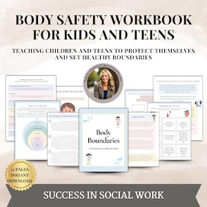 Puede incluir: Un libro de trabajo titulado "Body Boundaries: A Workbook on Safety for Kids" con una portada azul e ilustraciones de niños. El libro de trabajo forma parte de un conjunto más amplio de recursos para enseñar a niños y adolescentes sobre la seguridad corporal y los límites saludables. El conjunto incluye hojas de trabajo, actividades e información sobre límites personales, círculos sociales y la comprensión del contacto seguro e inseguro.