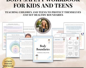 May include: A workbook titled "Body Boundaries: A Workbook on Safety for Kids" with a blue cover and illustrations of children. The workbook is part of a larger set of resources for teaching children and teens about body safety and healthy boundaries. The set includes worksheets, activities, and information about personal boundaries, social circles, and understanding safe and unsafe touch.