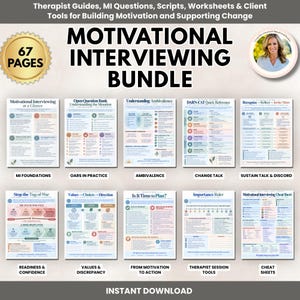 May include: A 67-page motivational interviewing bundle featuring therapist guides, MI questions, scripts, and worksheets. The collection includes ten distinct informational sheets with titles like Motivational Interviewing at a Glance, DARN-CAT Quick Reference, and Importance Ruler, all designed for supporting change.