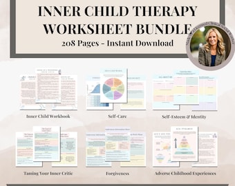 May include: A bundle of 208 printable worksheets for inner child therapy. The worksheets are organized into categories: Inner Child Workbook, Self-Care, Self-Esteem & Identity, Taming Your Inner Critic, Forgiveness, and Adverse Childhood Experiences. The bundle is designed for use by licensed clinical social workers.