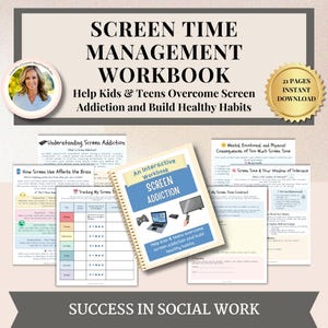 May include: A workbook titled "Screen Time Management Workbook" with the subtitle "Help Kids & Teens Overcome Screen Addiction and Build Healthy Habits." The cover features the words "Screen Addiction" and illustrations of a laptop, TV, and game controller. Includes 21 pages.